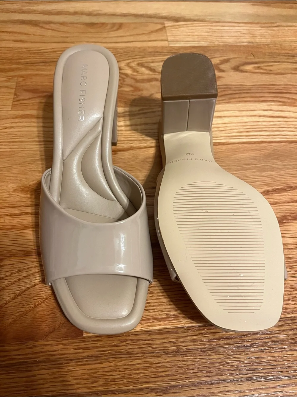 Marc Fisher Nude Patent Block Heel Slide Sandals